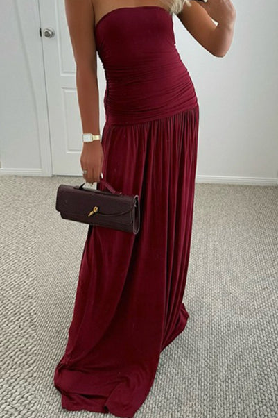 Strapless Ruched Bodice Dropped Waist Flowy Maxi Dress