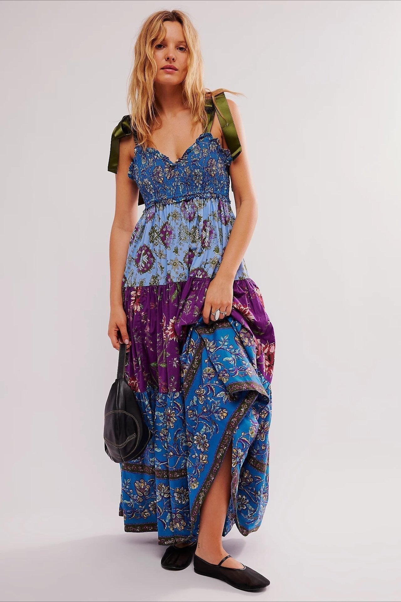 Smocked Sweetheart Neck Tie Shoulder Tiered Floral Paisley Maxi Dress