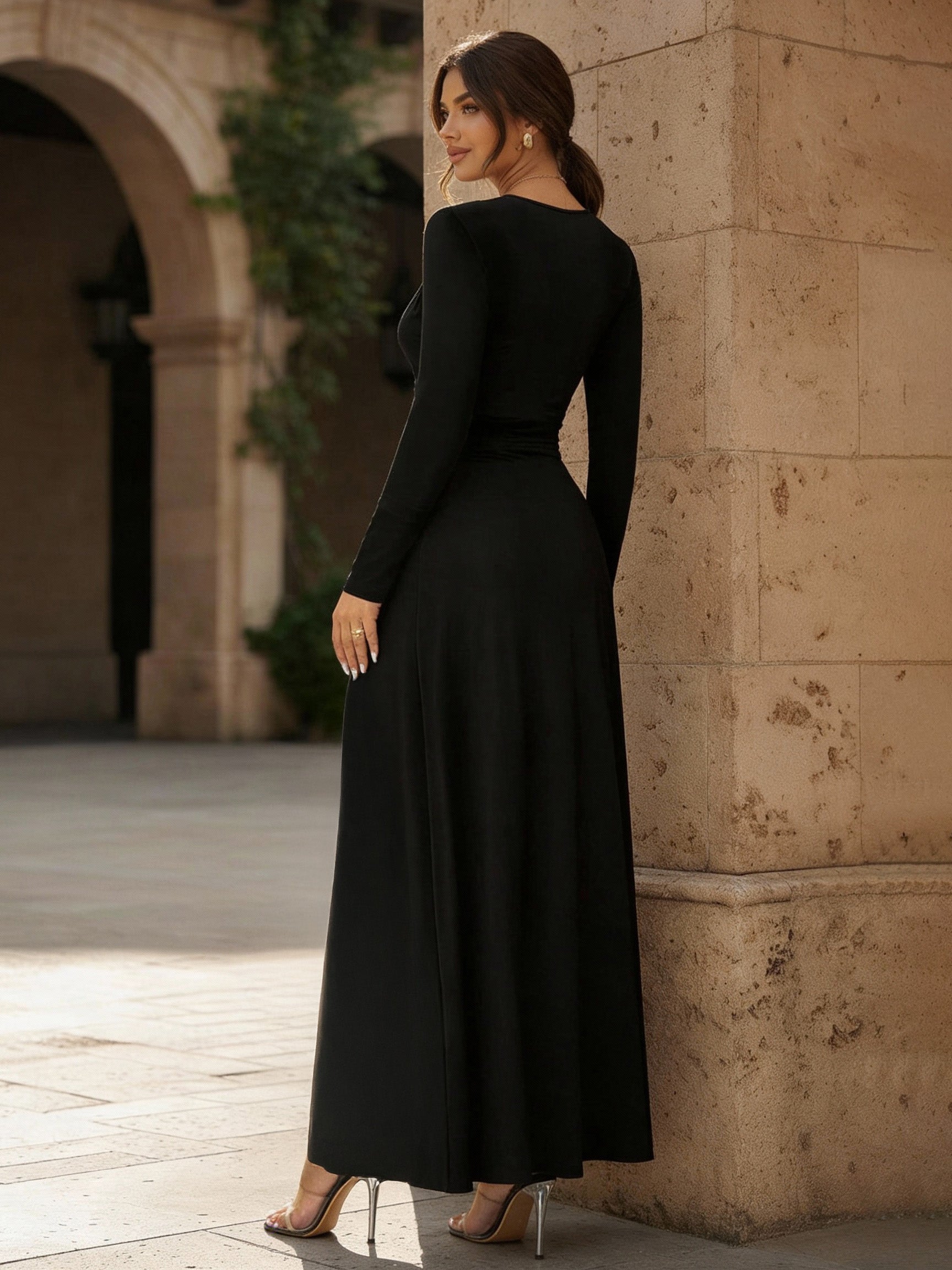 Deep V Neck Ruched Waist Slit Long Sleeve Maxi Dress For Women 2026