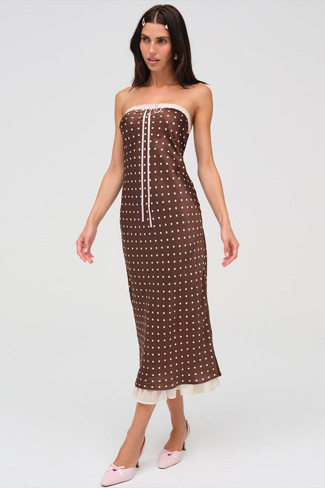 Satin Polka Dot Lace Trim Strapless Tie Bow Slip Midi Dress