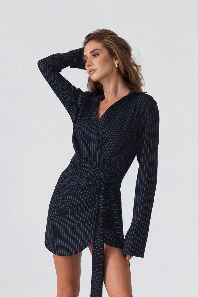 Pinstripe Wrap Collar Long Sleeve Tie Waist Mini Dress