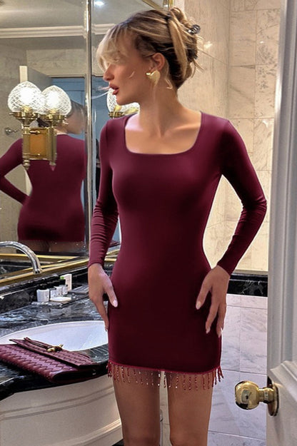 Square Neck Long Sleeve Beaded Fringe Hem Bodycon Mini Dress