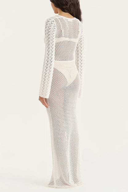 Solid Color Hollowed-out Long-sleeved V-neck Slim-fit Cover-up Maxi Dress