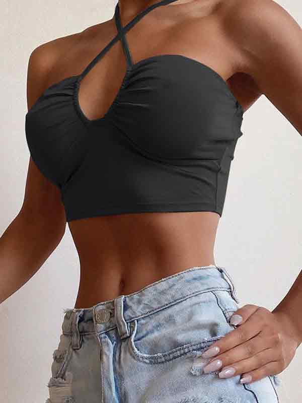 Solid Color Cutout Halter Tie Up Bandeau Top