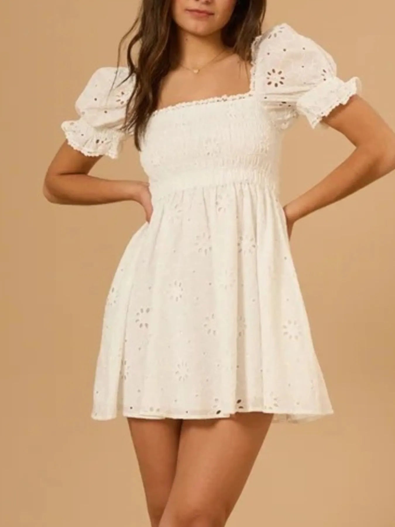 Eyelet Broderie Anglaise Smocked Square Neck Puff Sleeve Babydoll Mini Dress