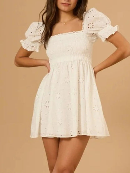 Eyelet Broderie Anglaise Smocked Square Neck Puff Sleeve Babydoll Mini Dress