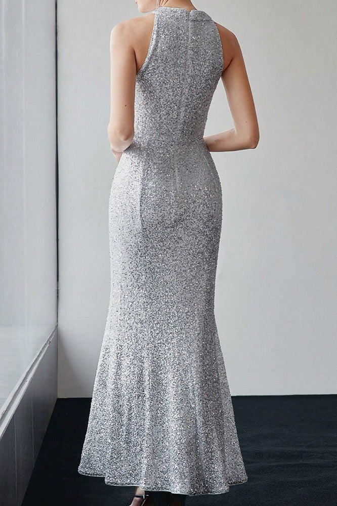 Sequin Halter Mermaid Rosette Shoulder Maxi Gown