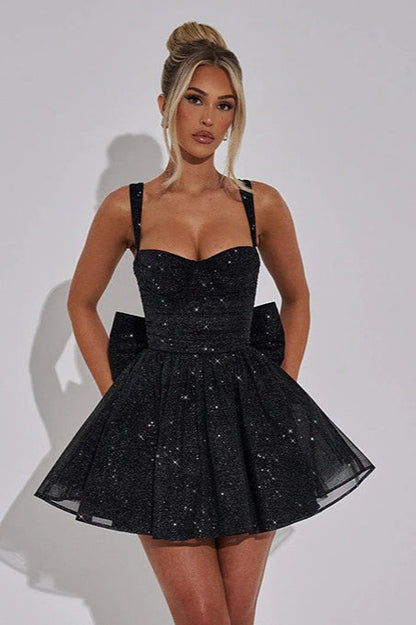 Sweetheart Neck Glitter Corset Bodice Back Bow A-Line Mini Dress