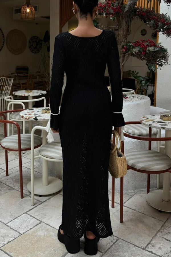 Solid Color Long-sleeved Tie Slim-fit Knit Openwork Cover-up Maxi Dress