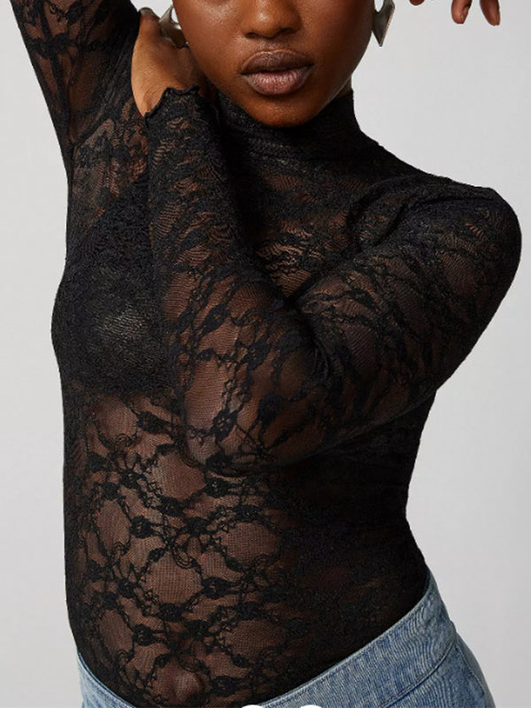 All Over Lace Mock Neck Long Sleeve Tee