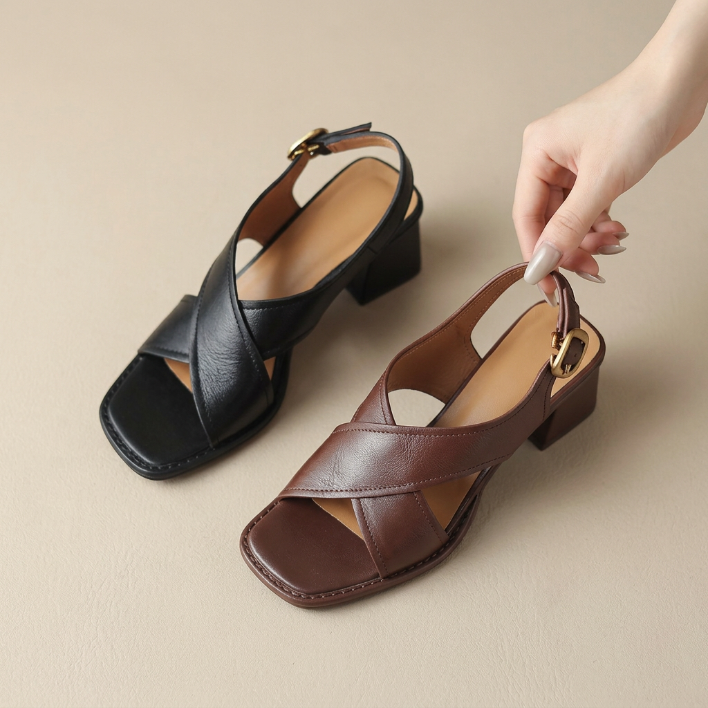 Women's Open-Toe Block Heel Leather Sandals