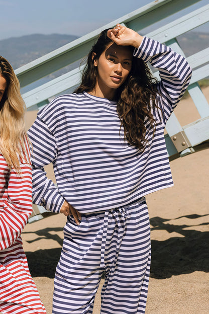 | Stripe Crewneck Drawstring Two Piece Set
