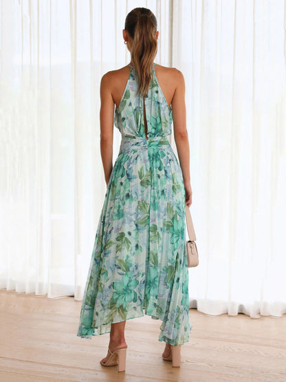Print Maxi Dresses Floral Sleeveless Halter Elegant Layered Pleated Backless Long Summer Dresses