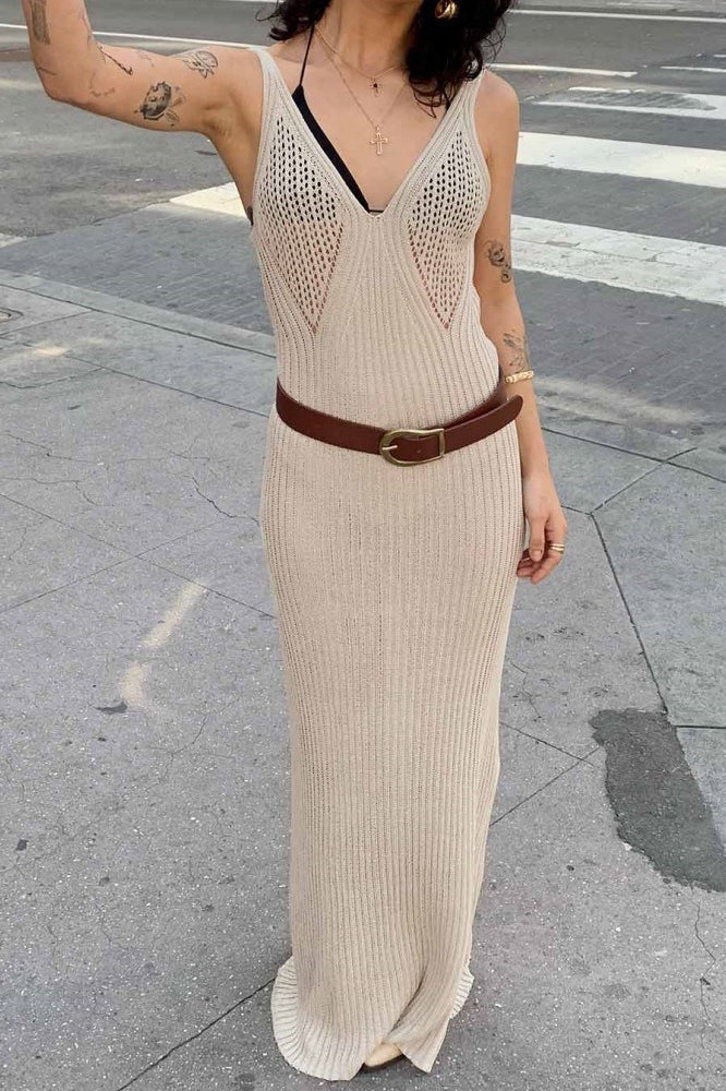 Deep V Neck Crochet Chest Panel Rib Knit Bodycon Belted Maxi Dress