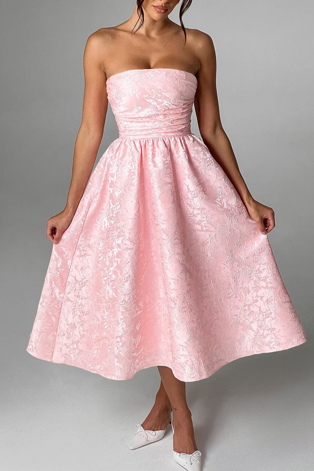 Solid Jacquard Strapless A-Line Party Dress