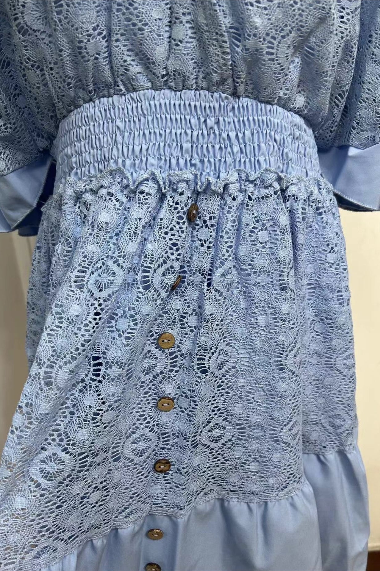 Smocked Waist Eyelet Lace V-Neck Flutter Sleeve Button-Front Boho Mini Dress