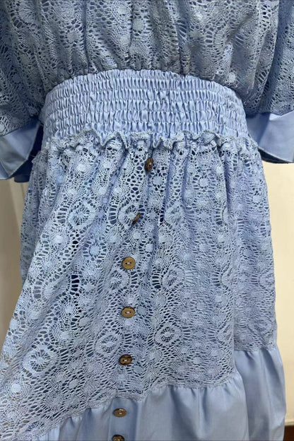 Smocked Waist Eyelet Lace V-Neck Flutter Sleeve Button-Front Boho Mini Dress