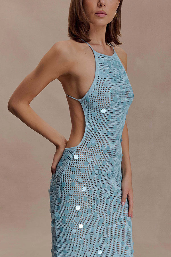 All Shimmer Knit Crochet Sequin Open Back Lace-up Vacation Maxi Dress