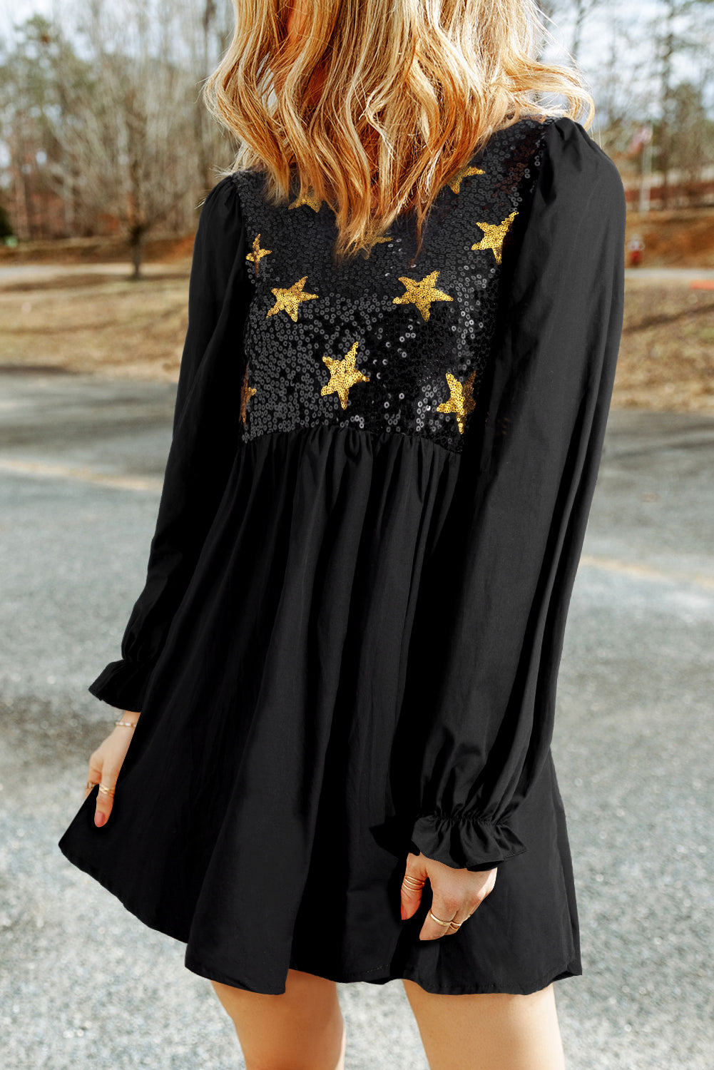 Star Sequin Puff Sleeve Crew Neck Empire Waist Babydoll Mini Dress
