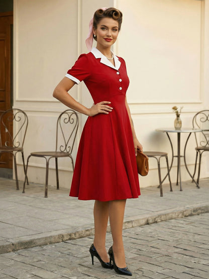 Retro Contrast Lapel Button Up Fit And Flare Midi Dress For Women 2026