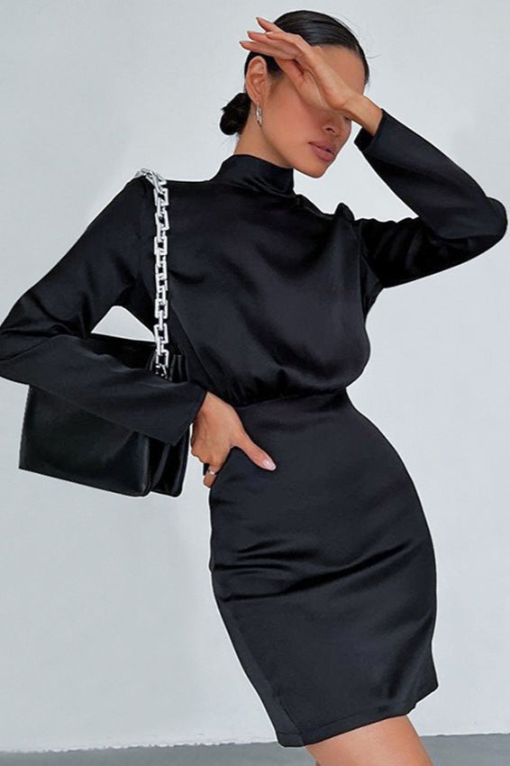 Mock Neck Long Sleeve Waist Cinched Satin Bodycon Mini Dress