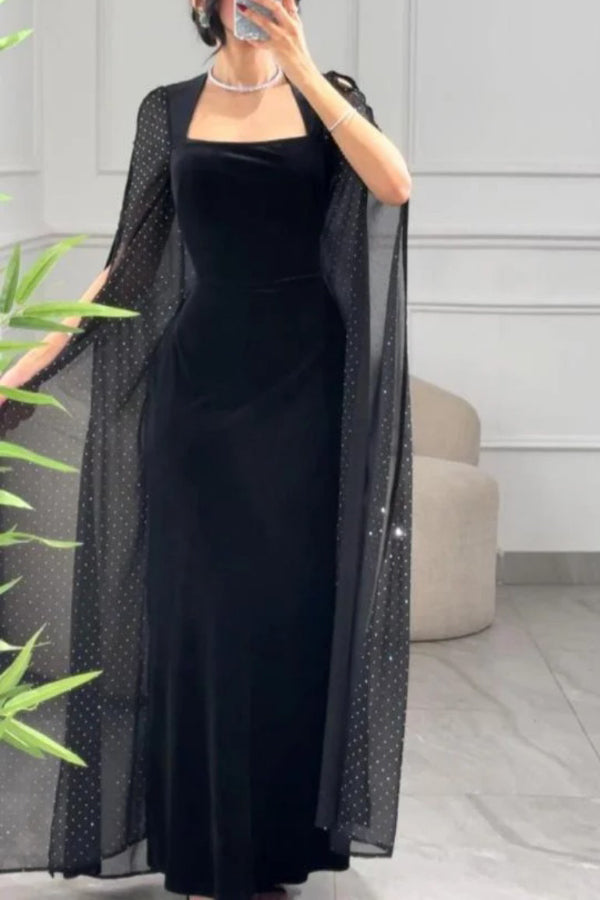 Solid Color Velvet Square Neck Slim Fit Rhinestone Maxi Dress