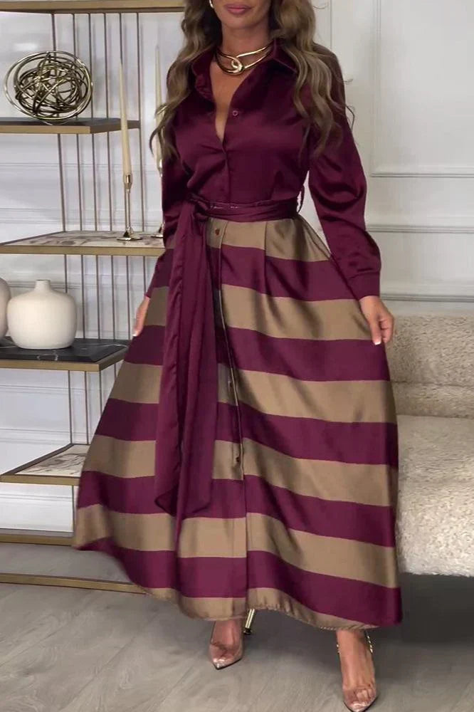 Collared Long Sleeve Button Down Tie Waist Striped Maxi Dress