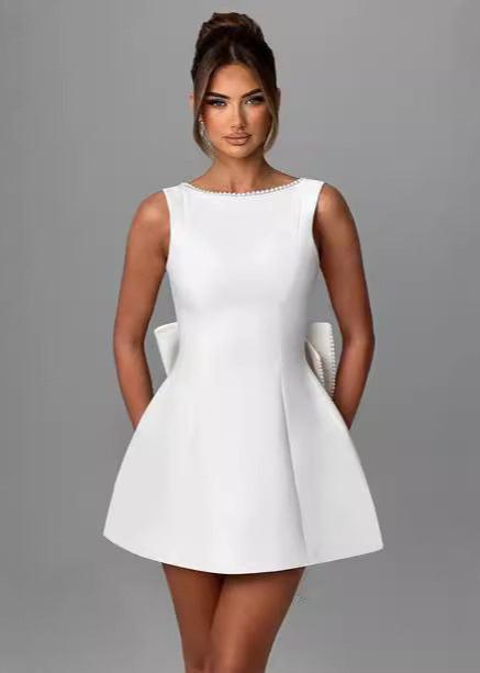 Pearl Trim Boat Neck Box Pleat Back Bow A-Line Mini Dress