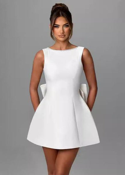 Pearl Trim Boat Neck Box Pleat Back Bow A-Line Mini Dress
