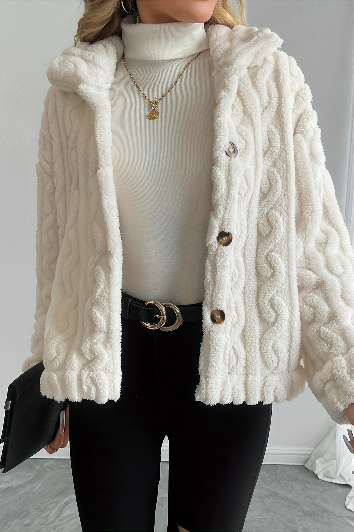 Double Fleece Cable Knit Soft Plush Warm Coat