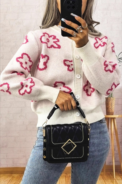 Floral Jacquard Short Single-Row Button Knit Cardigan