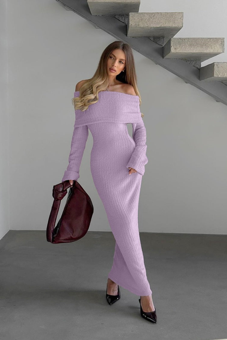 | Knitted Off-the-Shoulder Fitted Waist Maxi Dress