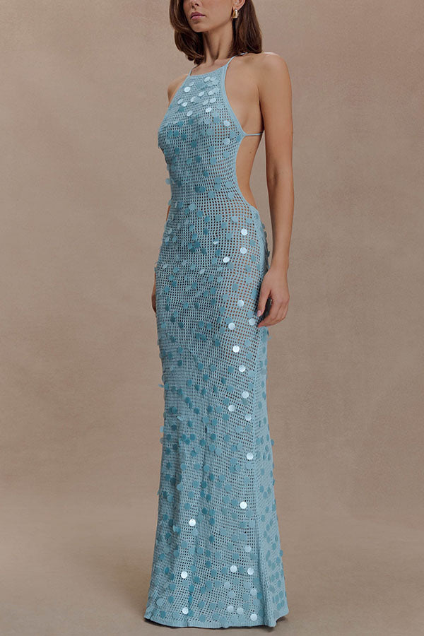 All Shimmer Knit Crochet Sequin Open Back Lace-up Vacation Maxi Dress