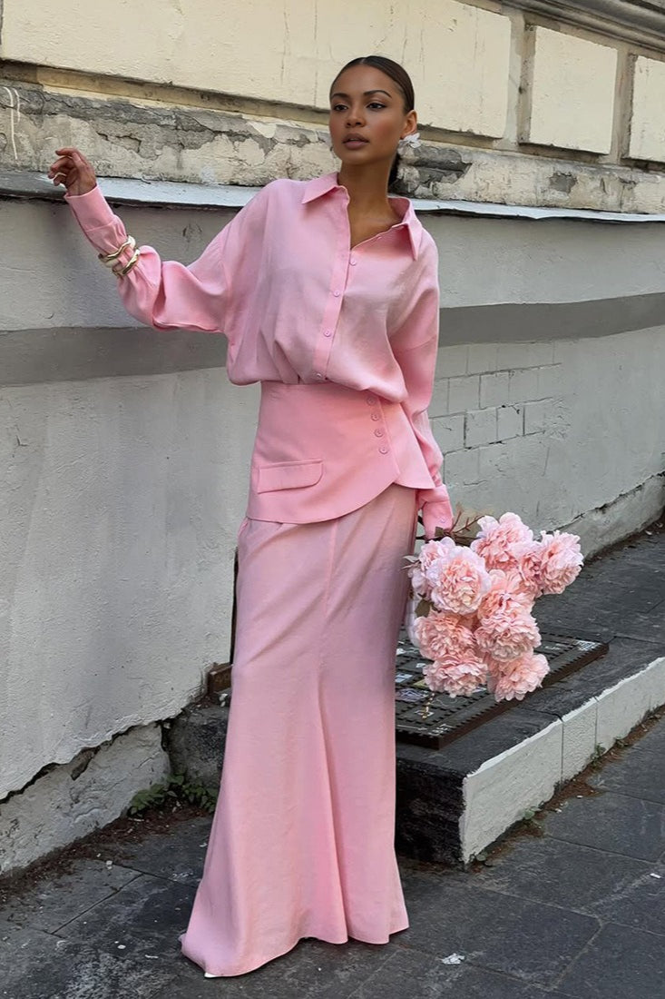 | Solid Long Sleeve Shirtdress Two Piece Set