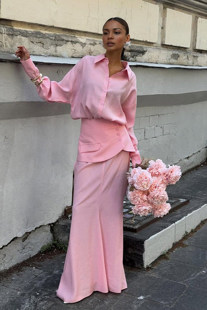 | Solid Long Sleeve Shirtdress Two Piece Set