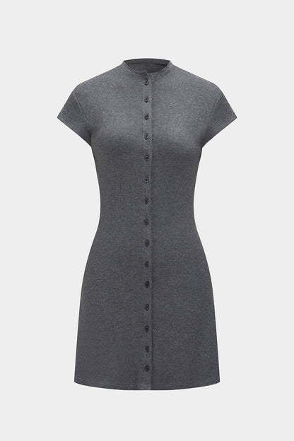 Mock Neck Cap Sleeve Button Front Bodycon Shirt Mini Dress