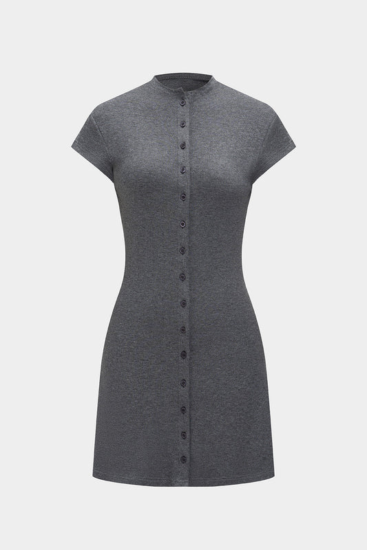 Mock Neck Cap Sleeve Button Front Bodycon Shirt Mini Dress