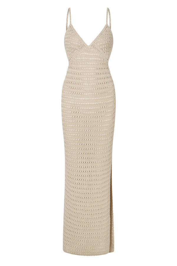 Solid Color Knitted Openwork Sexy Backless Slit Cover-up Maxi Dress