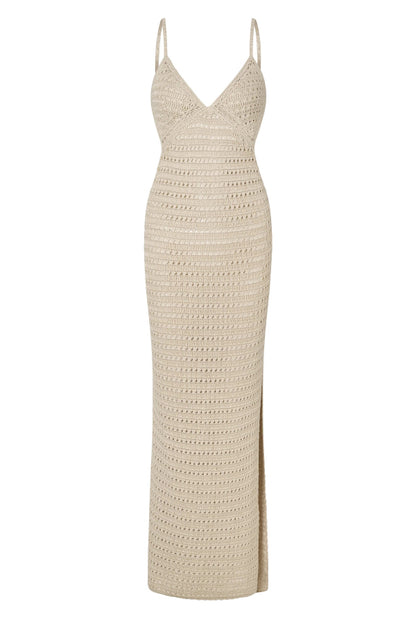 Solid Color Knitted Openwork Sexy Backless Slit Cover-up Maxi Dress