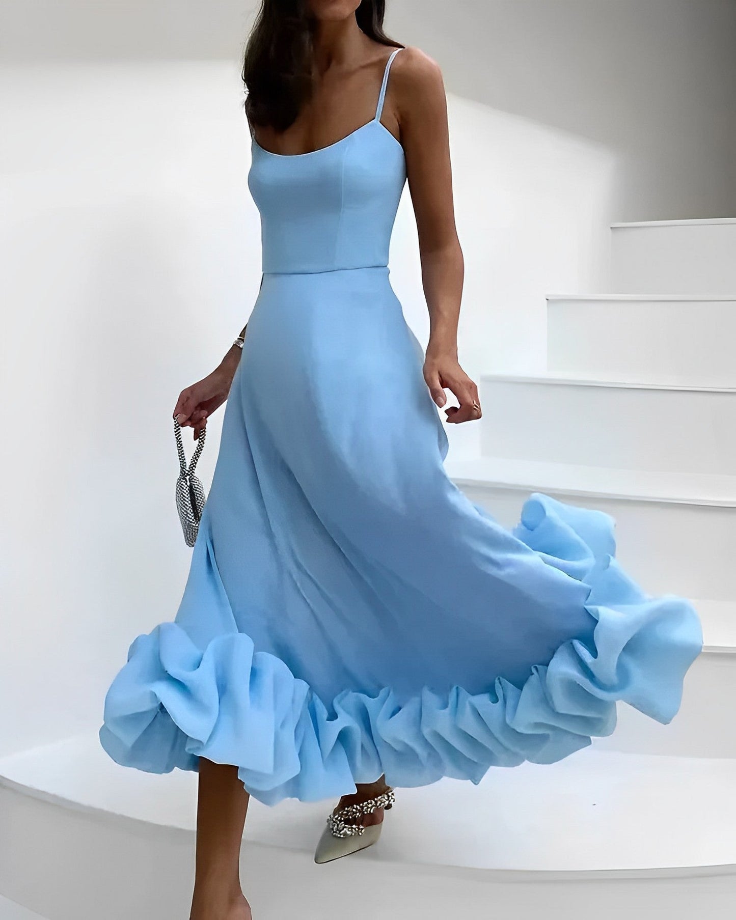 Scoop Neck Spaghetti Strap Corset Bodice Bubble Hem Maxi Gown