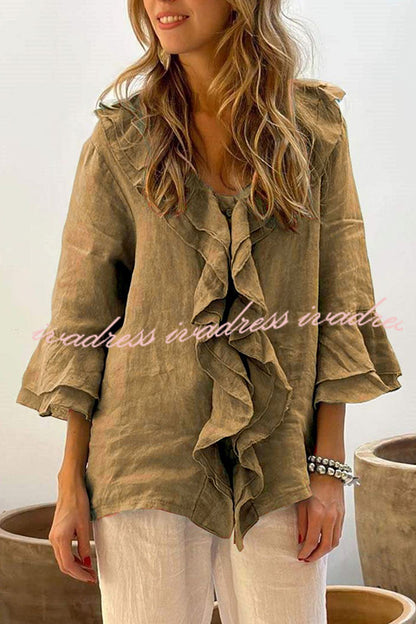 Solid Color V-neck Ruffled Casual Loose Top