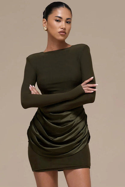Boat Neck Padded Shoulder Long Sleeve Draped Satin Hip Overlay Bodycon Mini Dress