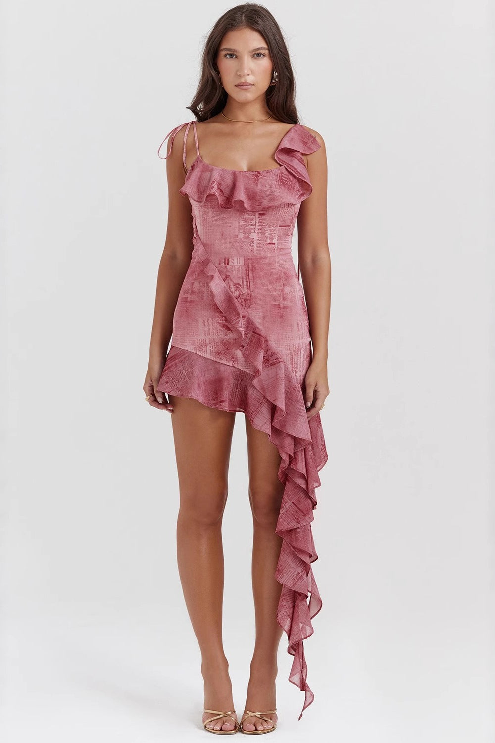 Square Neck Ruffle One Shoulder Long Sleeve Asymmetric Ruffle Hem Mini Dress