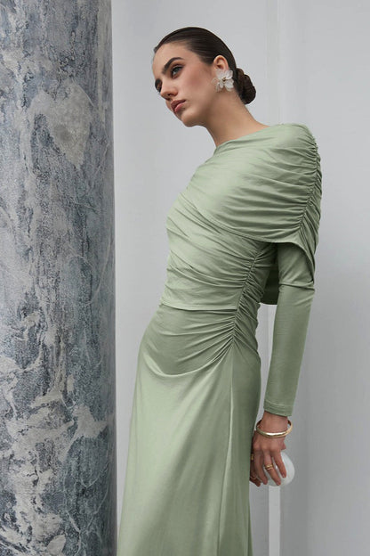 Asymmetric Draped Twist Neck Long Sleeve Side Ruched Bodycon Maxi Dress