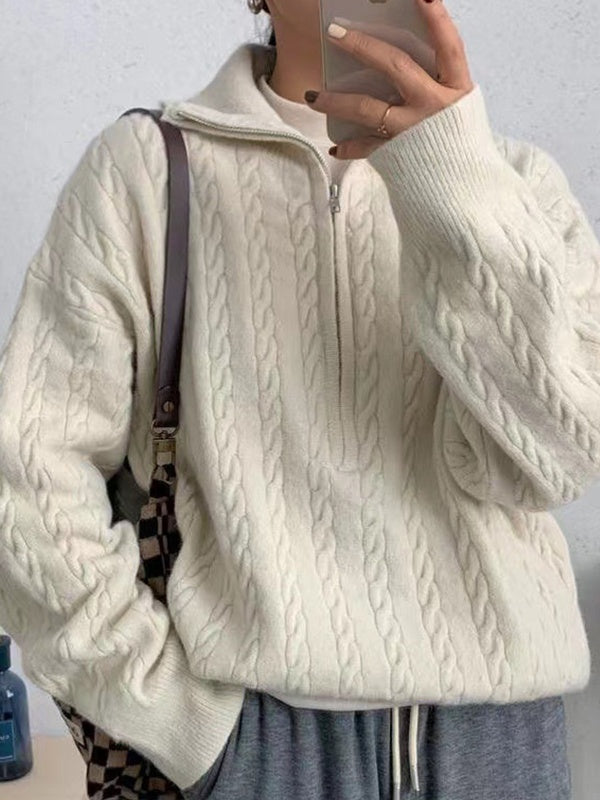 Vintage Lapel Neck Cable Half Zip Knit Sweater