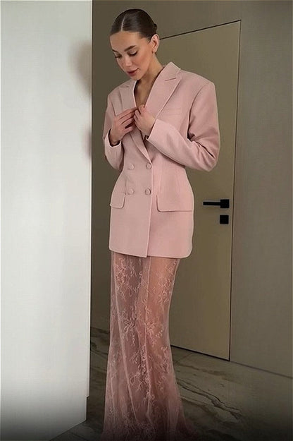 Chic Blazer Lace Skirt Two Piece Set