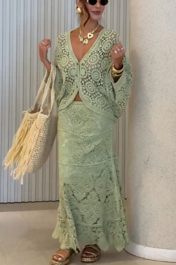 Anina Knit Crochet Cutout High Rise Elastic Waist Maxi Skirt