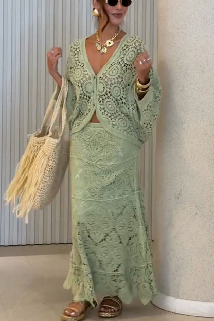 Anina Knit Crochet Cutout High Rise Elastic Waist Maxi Skirt