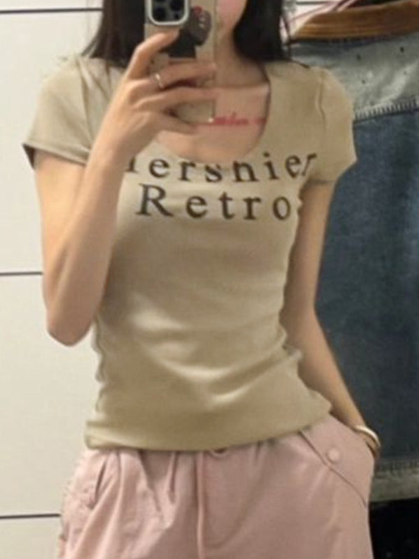 U Neck Letter Print Slim Short Sleeve Knit