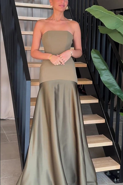 Sexy Strapless Satin Sleeveless Paneled Solid Formal Dress